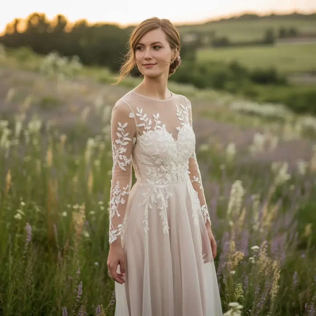 14 Sexy Wedding Dresses Brides Are Saving on Pinterest 9 Long Sleeve Illusion Midi Dress