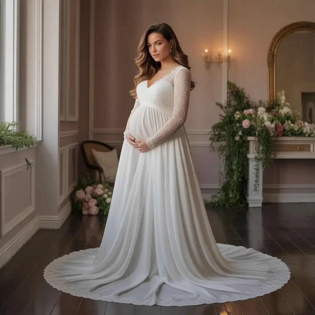 Long sleeve lace maternity wedding dress.