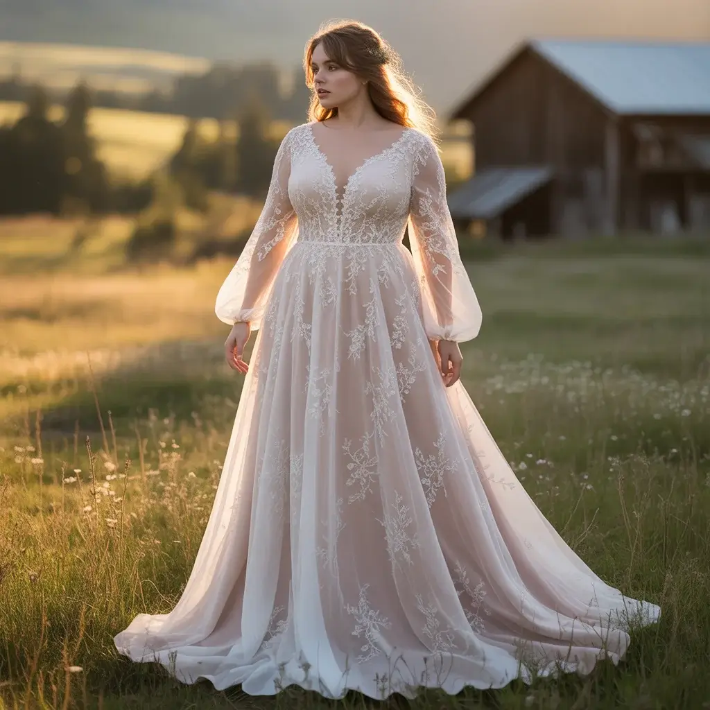 Long sleeve sheer lace overlay plus size bohemian wedding gown with elegant coverage