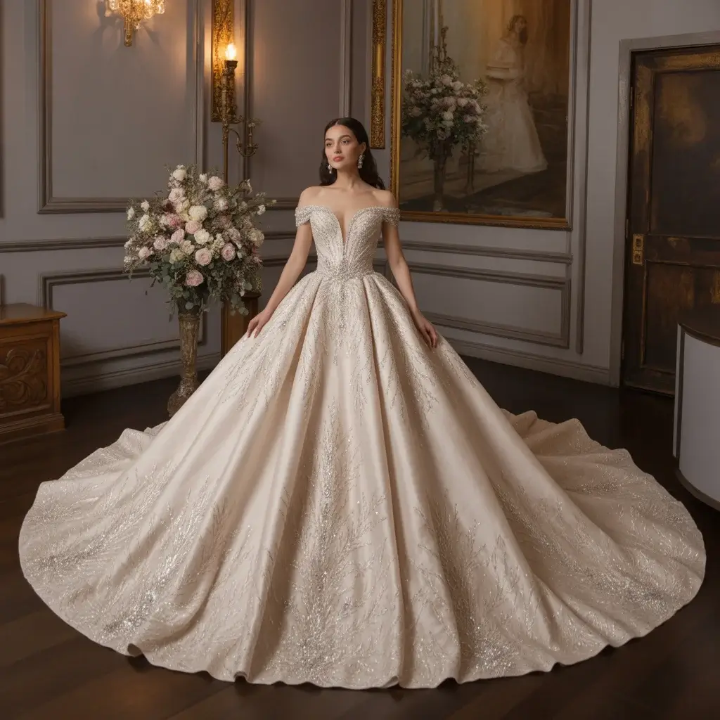 Luxurious ballgown wedding dress with crystal-embellished cathedral train and sweetheart neckline