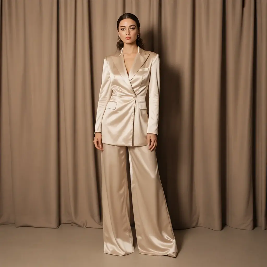 Luxurious champagne satin tuxedo wedding jumpsuit with wide leg pants and peaked lapels