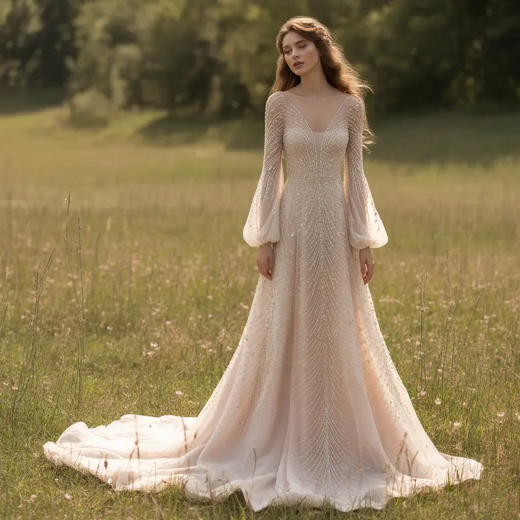 Luxurious long sleeve lace boho dress with hand-applied beaded details and sparkling accents