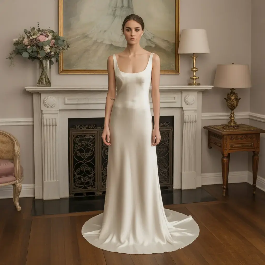 Top 15 Scoop Neck Wedding Dresses Brides Are Saving Right Now 12 Luxurious silk sheath scoop neck wedding dress