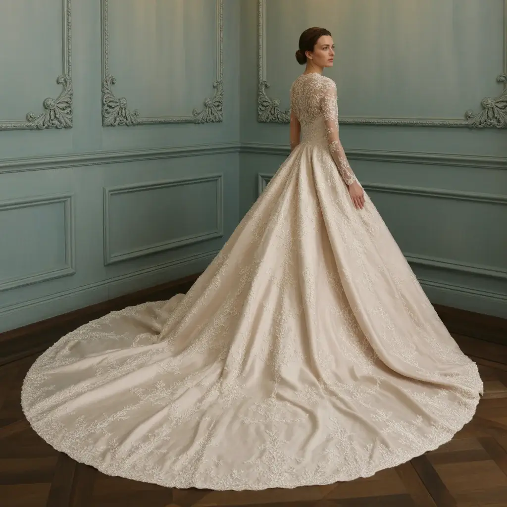 Luxurious wedding dress with cathedral train and hand-sewn beadwork inspired by classic bridal elegance