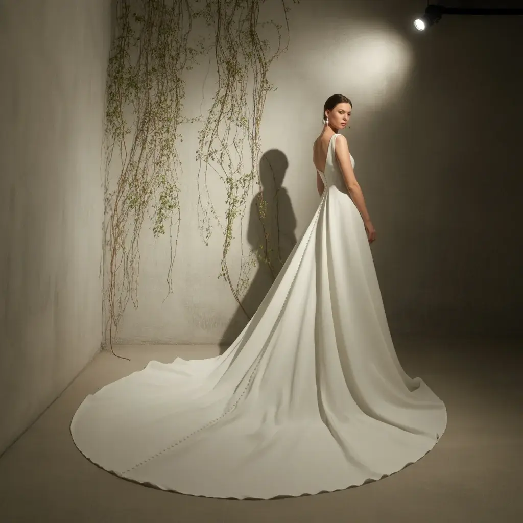 Top 13 Crepe Material Wedding Dresses Trending on Pinterest 11 Majestic crepe wedding dress with cathedral length train creating dramatic bridal elegance