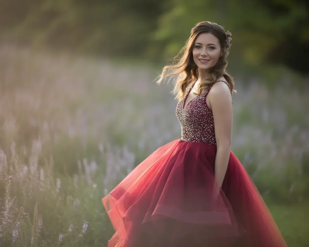 Maroon Tulle Princess Gown with Beaded Bodice 