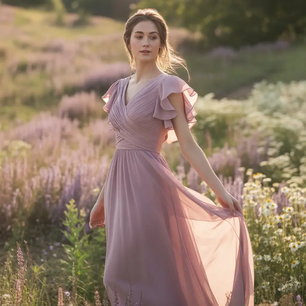 Mauve Chiffon Dress with Ruffle Sleeves