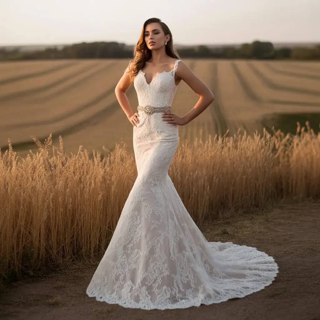 Mermaid lace wedding dress with fitted silhouette and statement belt cowboy boots