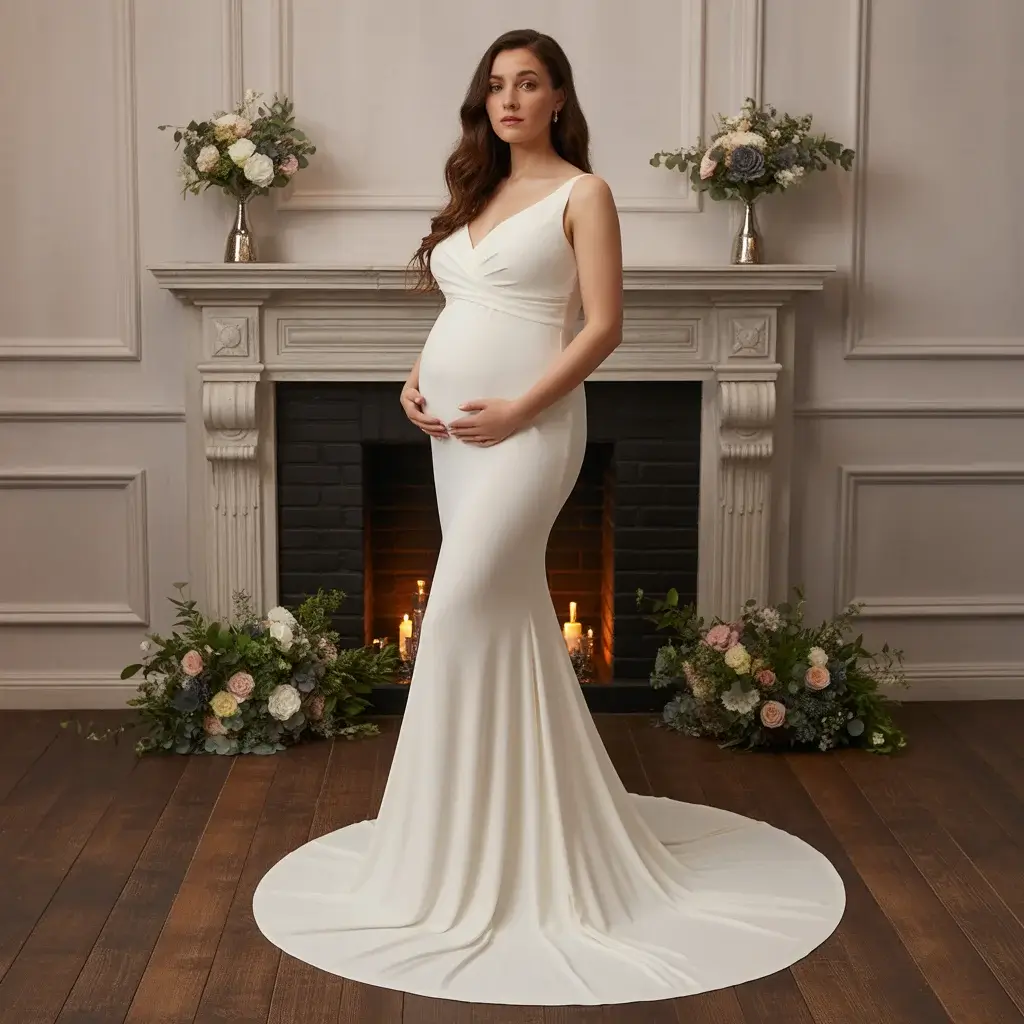 Mermaid stretch crepe maternity wedding gown.
