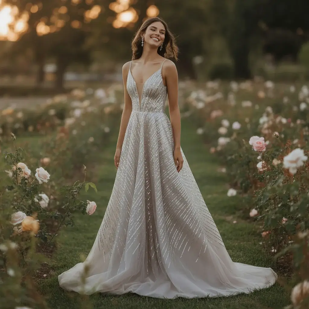 Metallic Silver Sequin A-Line Gown