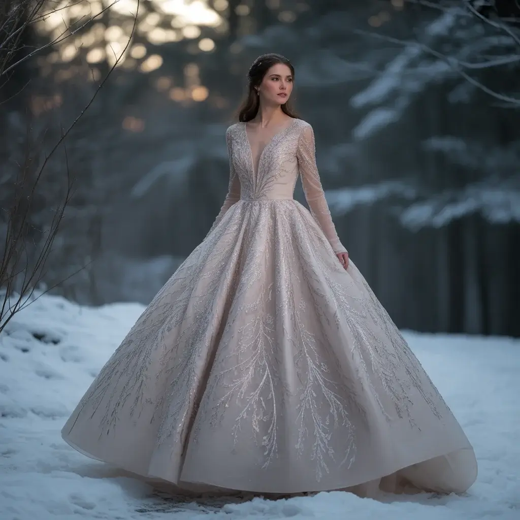 Metallic thread embroidery winter dress