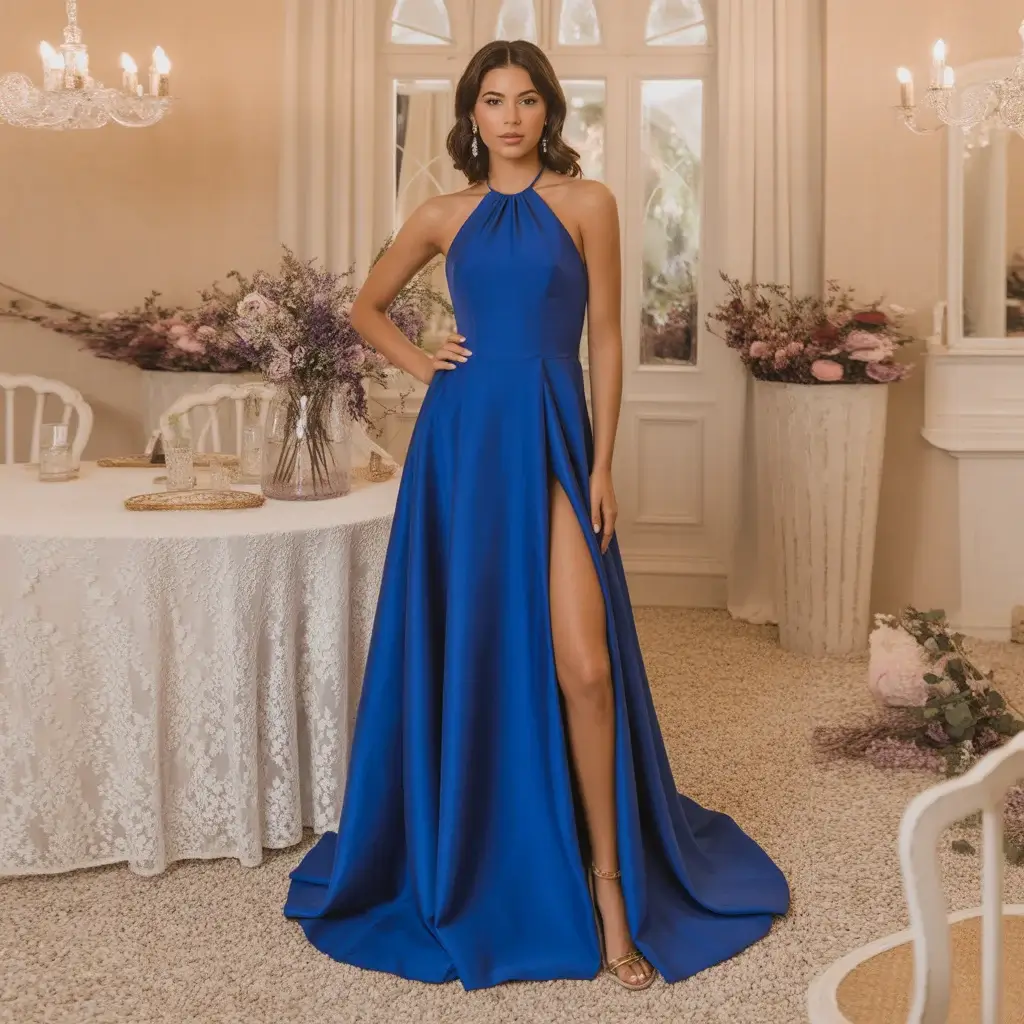 13 Halter Neck Dresses for Wedding Guests 12 Midnight Blue Halter Gown with Slit
