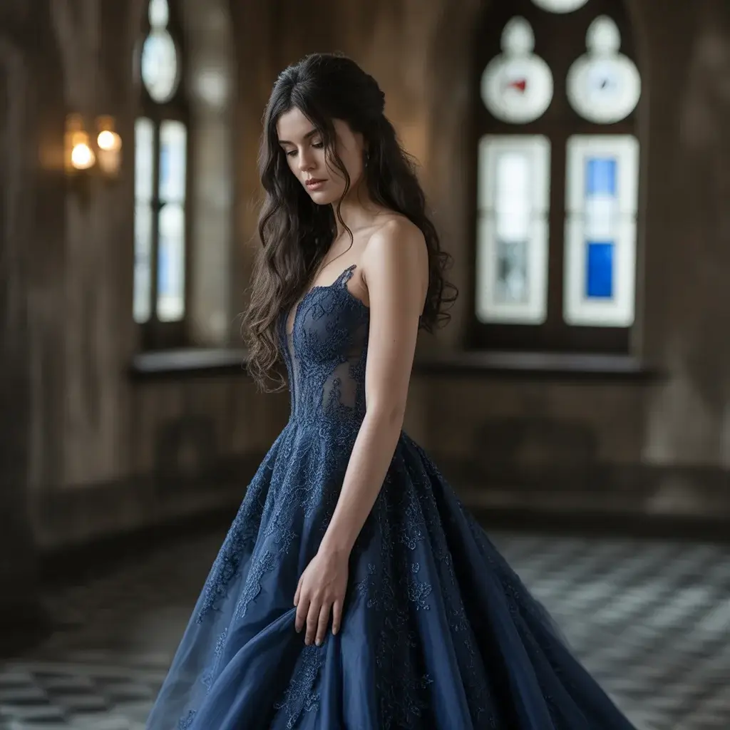 Midnight Blue Lace Gothic Romance wedding dress