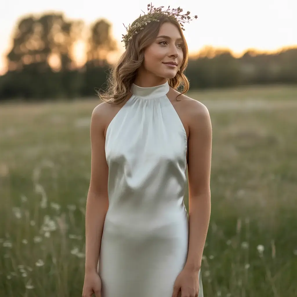 15 Sleeveless Bridal Dresses Trending on Pinterest 3 Minimalist High-Neck Halter Dress