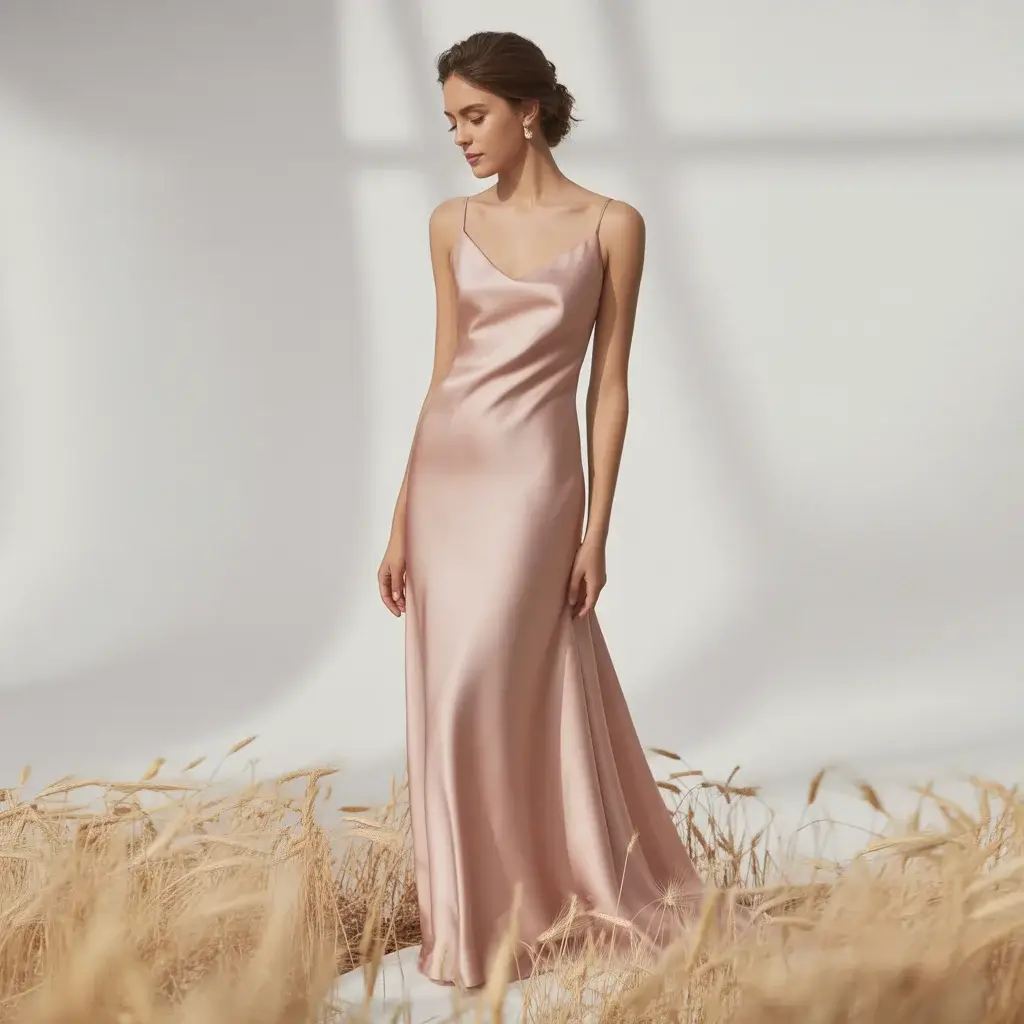 Top 15 Rose Gold Dresses That Are Trending on Pinterest 3 Minimalist rose gold slip dress with spaghetti straps in luxurious draped fabric