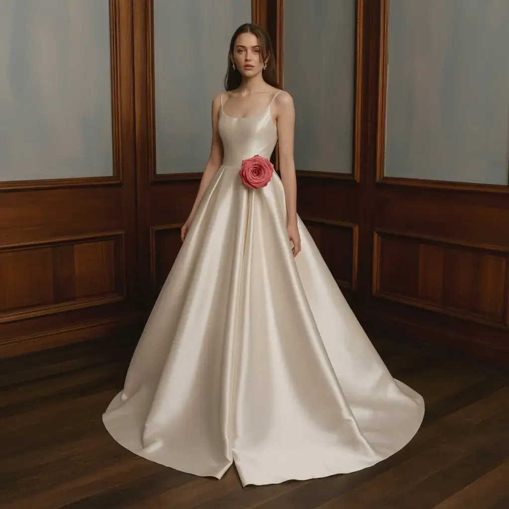 Minimalist silk gown single rose accent