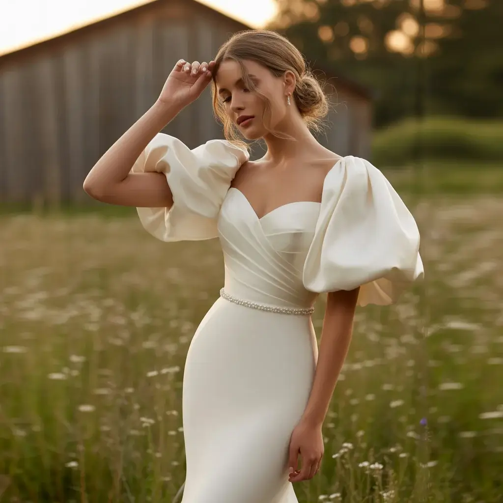 17 Wedding Dresses with Poofy Sleeves Brides Love 12 Modern Puff Sleeve Sheath Dress