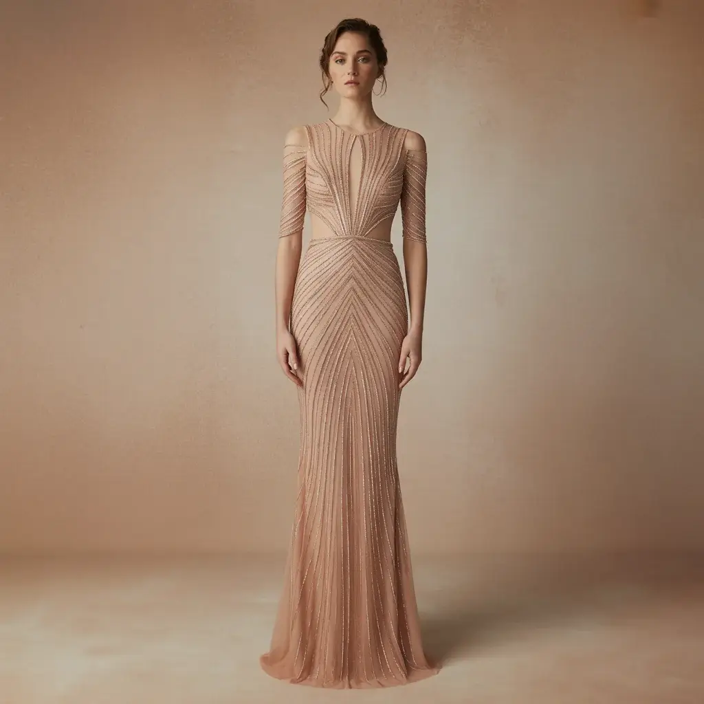 Top 15 Rose Gold Dresses That Are Trending on Pinterest 7 Modern bodycon dress in rose gold with strategic cut-out details and form-fitting silhouette