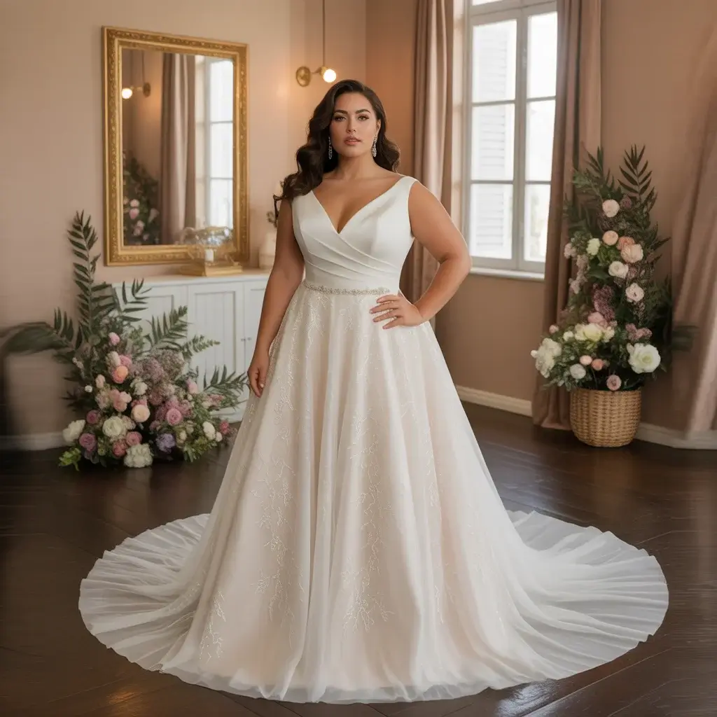 Modern fit-and-flare plus size wedding dress with fitted hips and flowing skirt