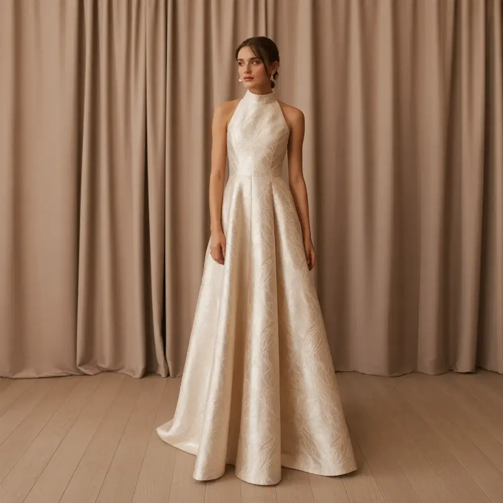 13 Jacquard Wedding Dresses Brides Are Saving 5 Modern high-neck column dress with metallic jacquard threading