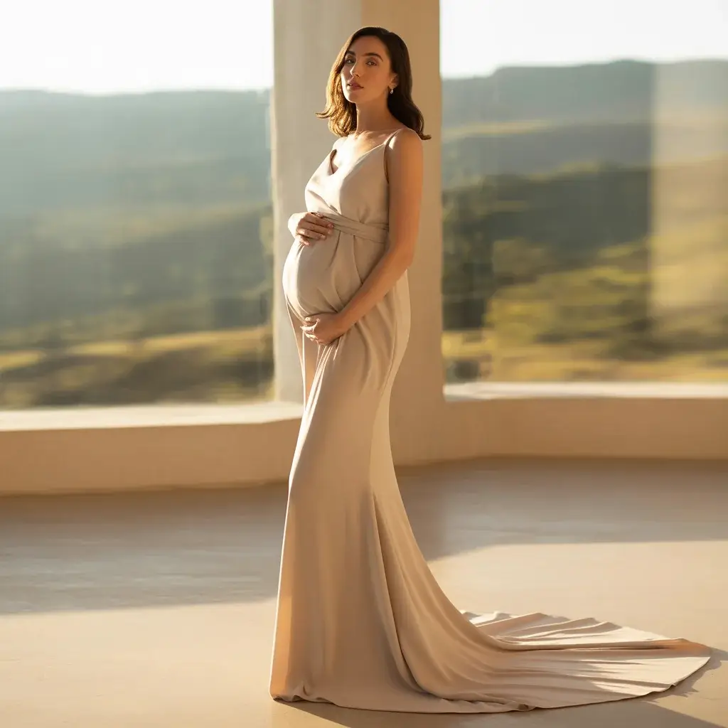 Modern minimalist crepe maternity sheath dress.