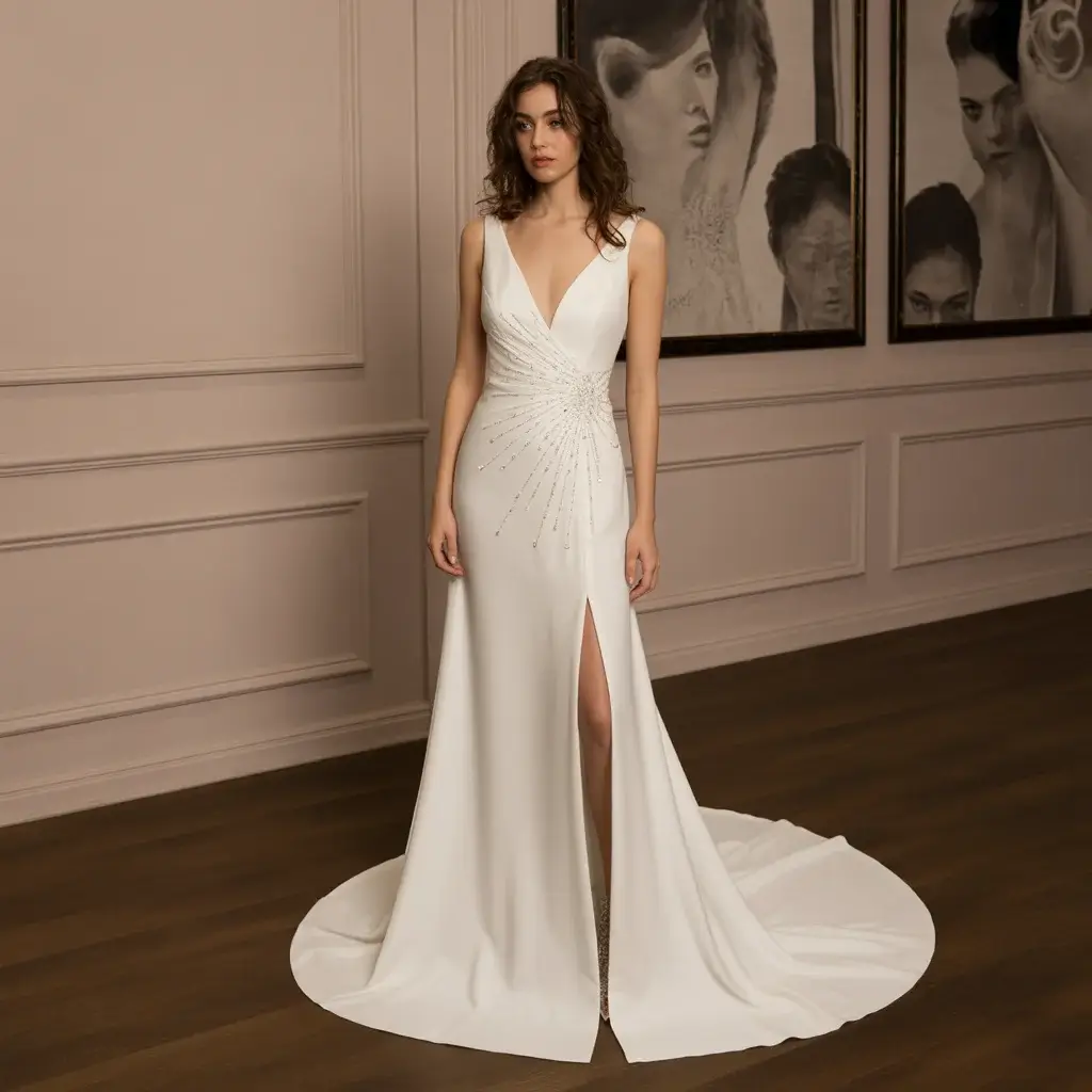 Modern minimalist wedding dress with strategic crystal accents and side slit