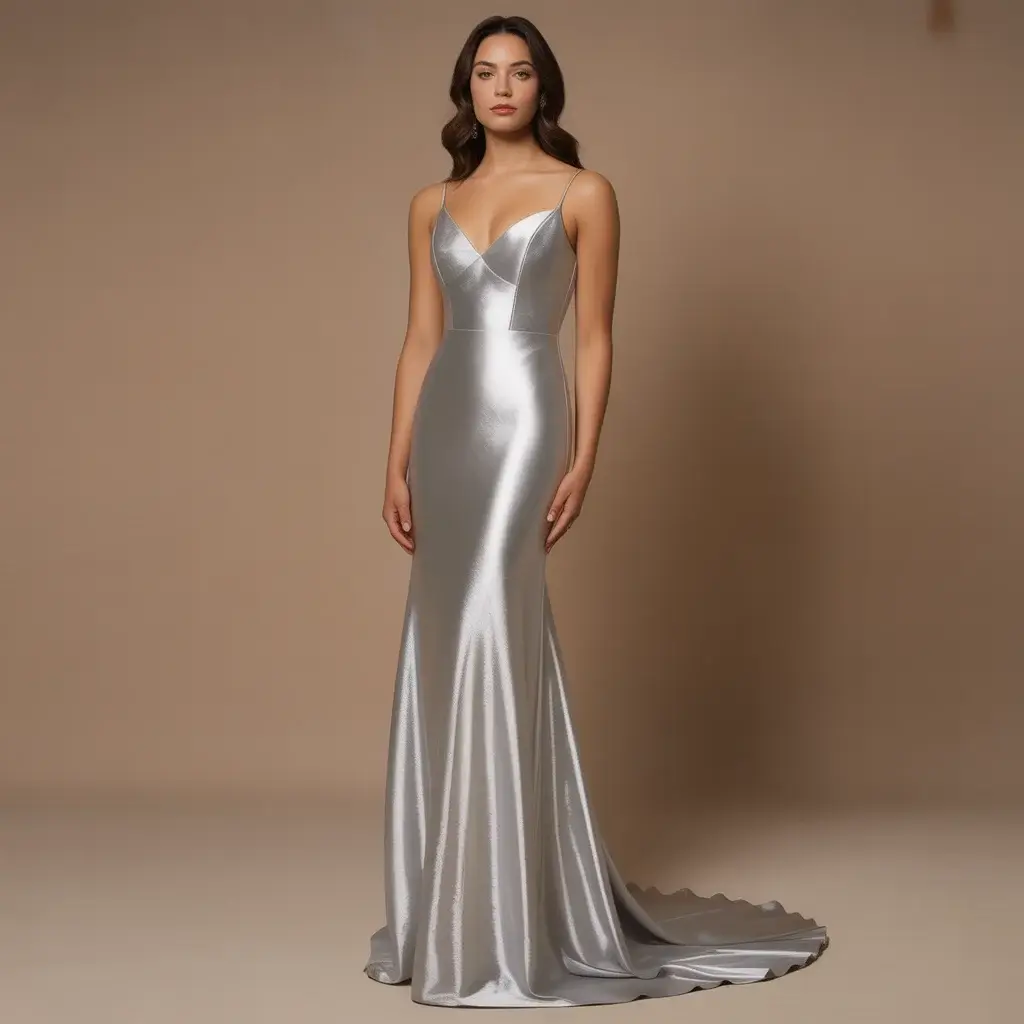Modern sheath silver dress with clean lines and premium stretch metallic fabric