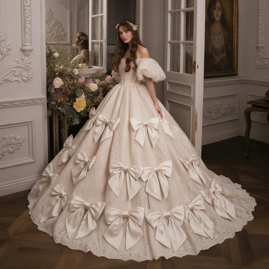 Top 19 Wedding Dress With Bow Styles That Are Trending Right Now 19 Multi-bow detail princess wedding gown with elaborate romantic fairy-tale charm