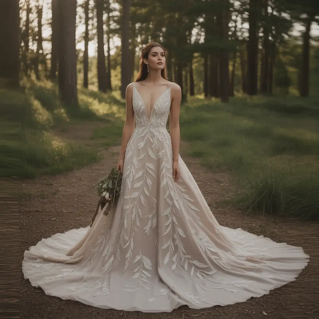 Nature Inspired Applique Forest Wedding Gown With Three Dimensional Botanical Elements And Organic Details