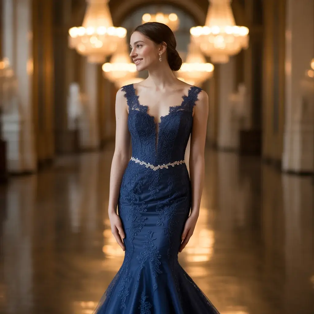 Navy Blue Lace Mermaid wedding Dress