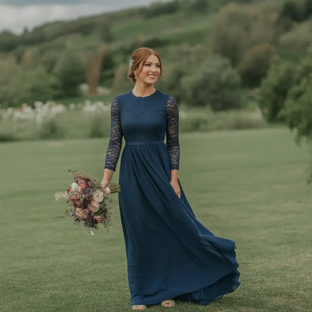 Navy Blue Maxi Dress with Lace Sleeves