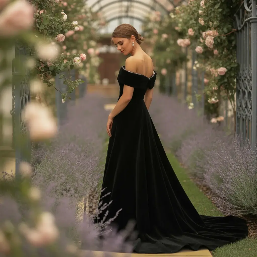 Off-Shoulder Black Velvet Gown