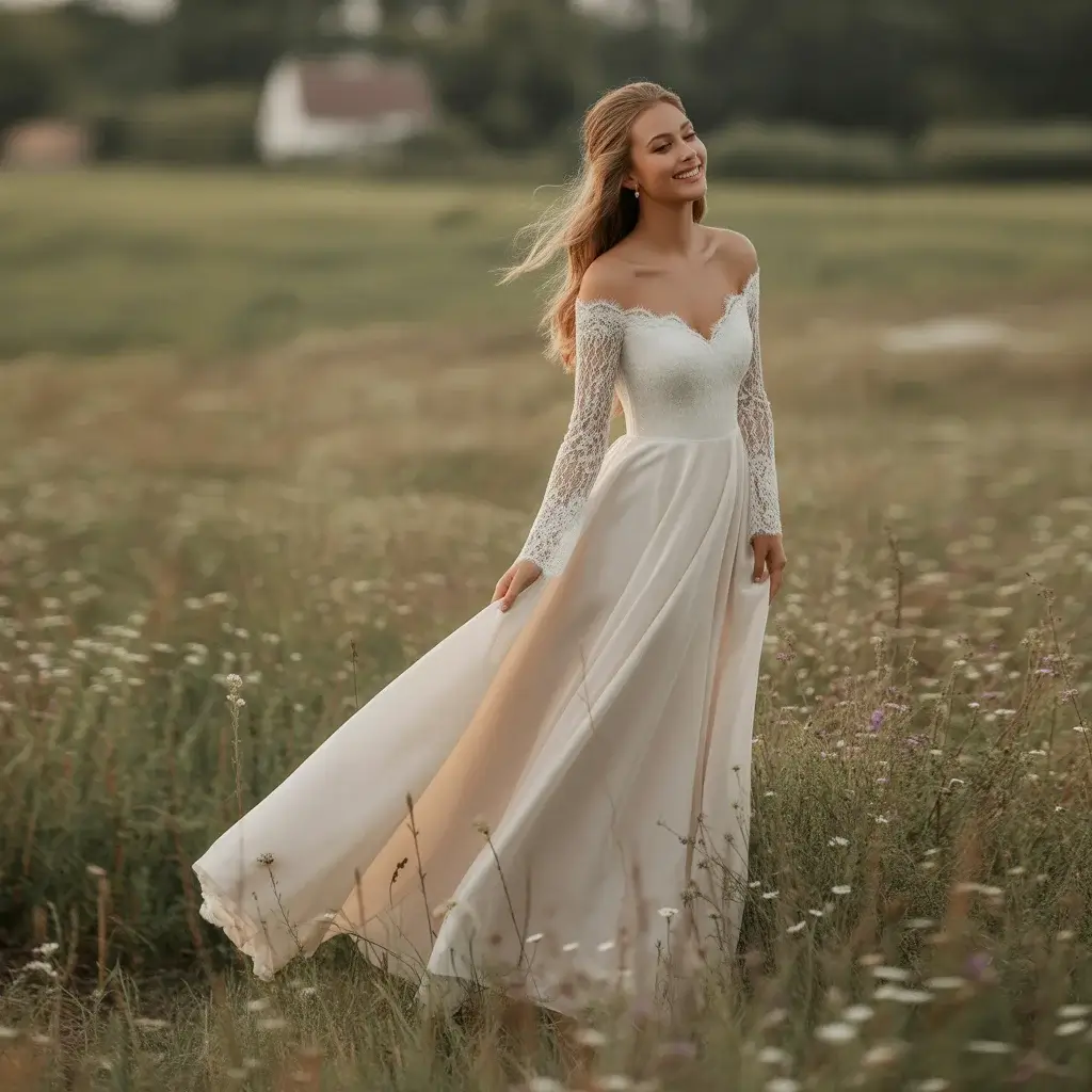 15 Long Sleeve V Neck Wedding Dresses Brides Are Pinning 8 Off-Shoulder Long Sleeve V Neck A-Line Gown
