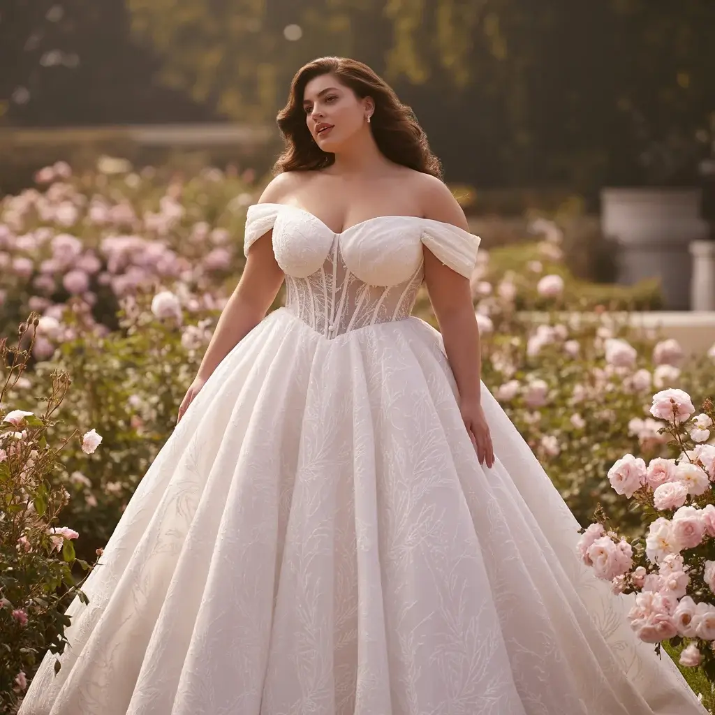 Top 13 Plus Size Wedding Dresses to Hide Stomach That Brides Are Pinning Right Now 2 Off-The-Shoulder Ballgown with Corset Bodice
