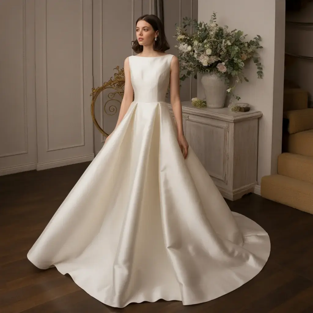 Off White Crepe Cat Eye A Line Wedding Dress With Flowing Movement And Structured Neckline