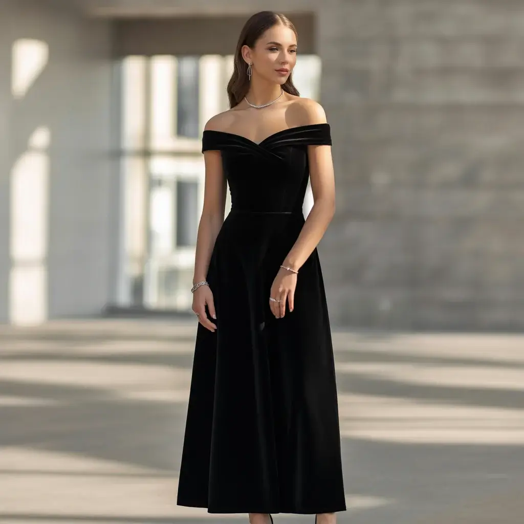 Off-shoulder black velvet midi dress with romantic neckline details