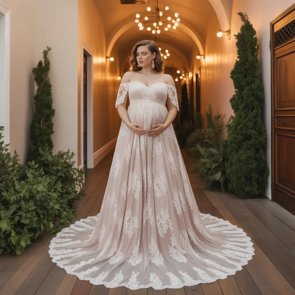 Off shoulder lace plus size maternity gown.