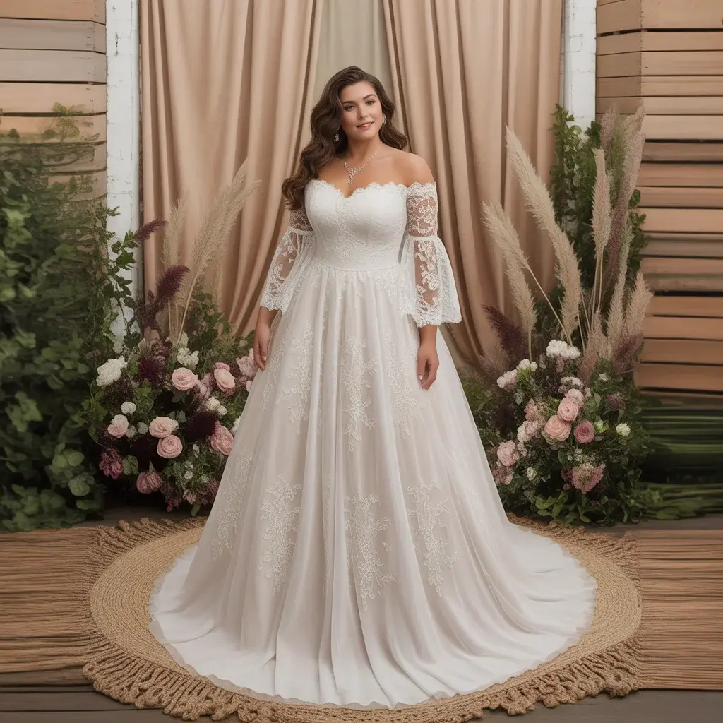 Off-shoulder lace sleeve plus size bohemian wedding gown with romantic elegance