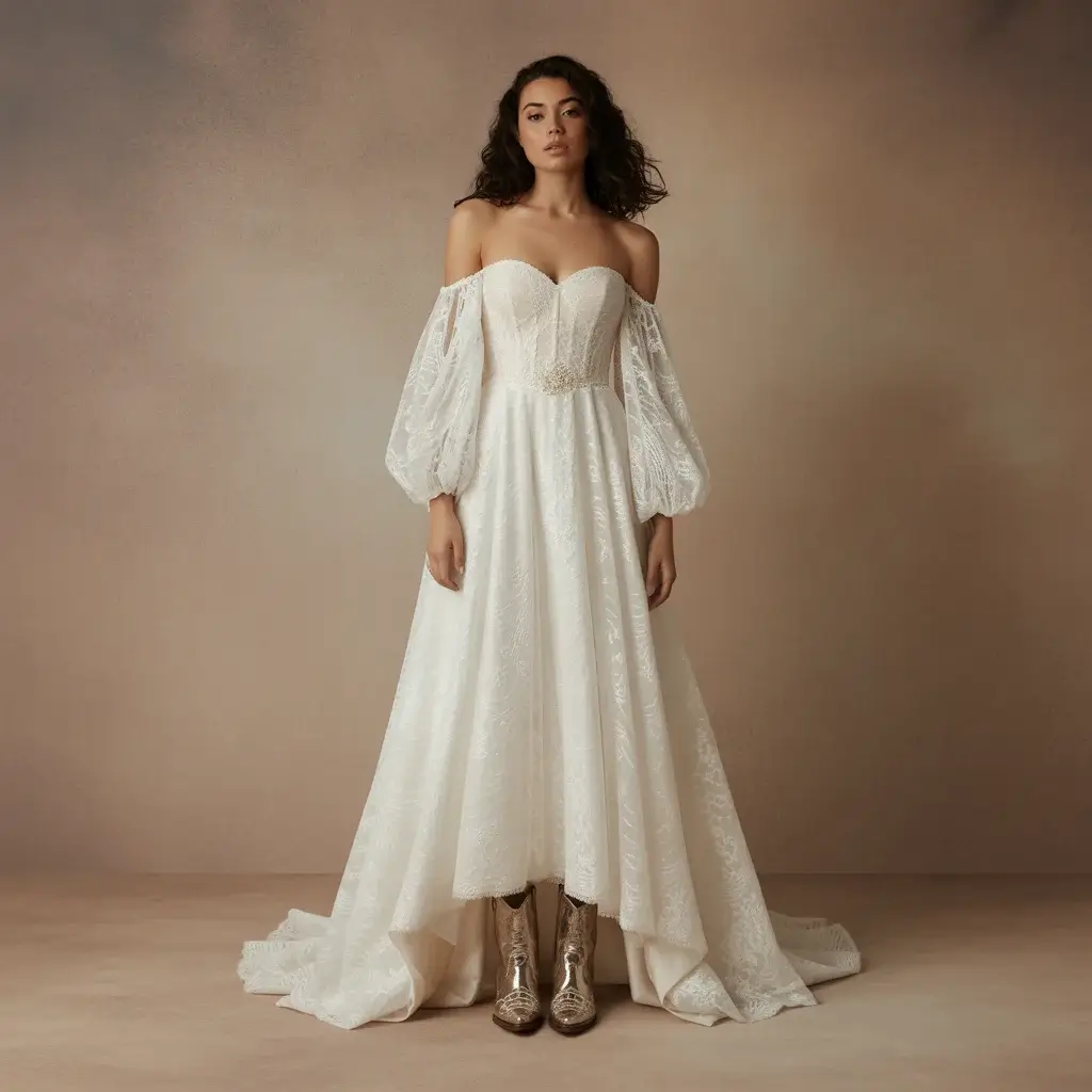 Off-shoulder lace wedding dress with flowing sleeves and polished ankle Western boots