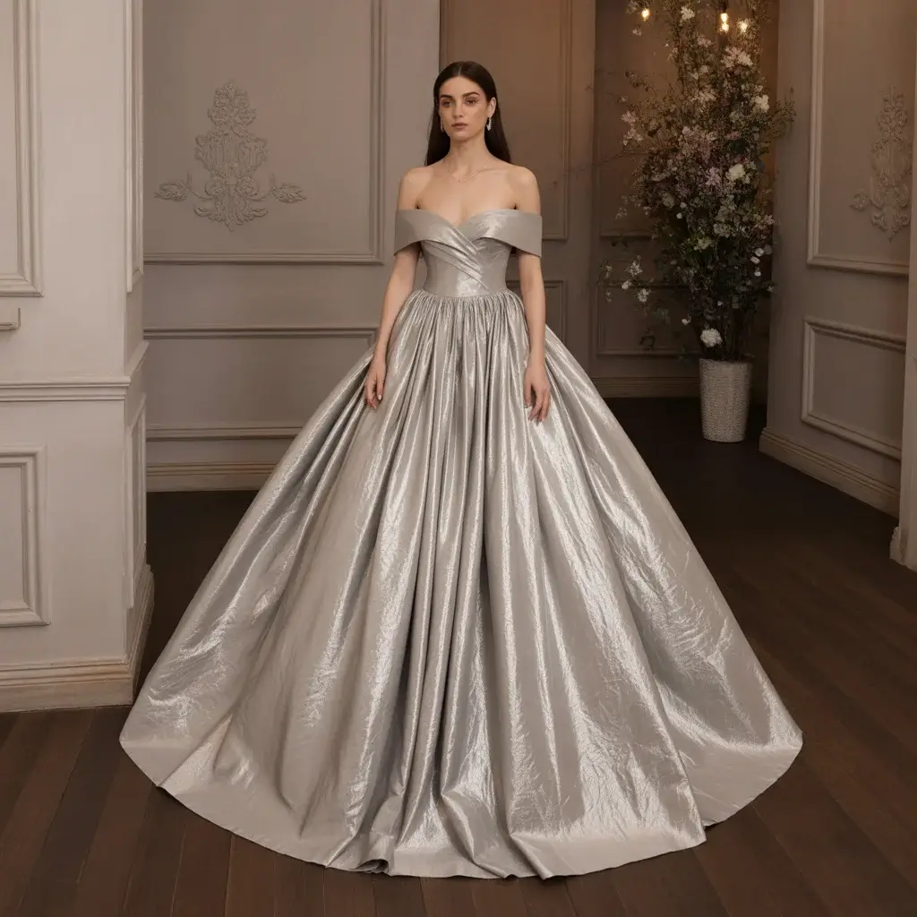 Off-shoulder metallic silver ball gown with voluminous skirt and fitted bodice