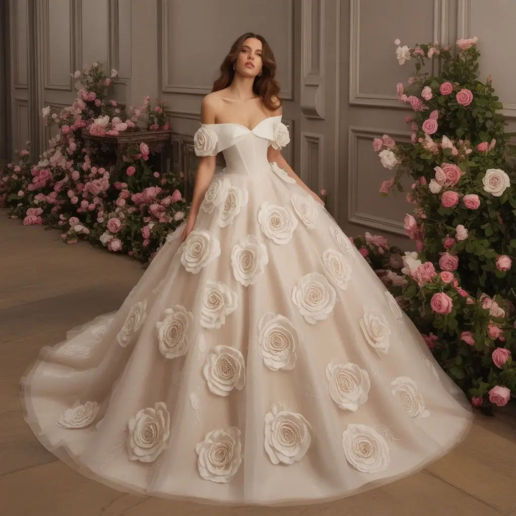Off shoulder rose applique ball gown.