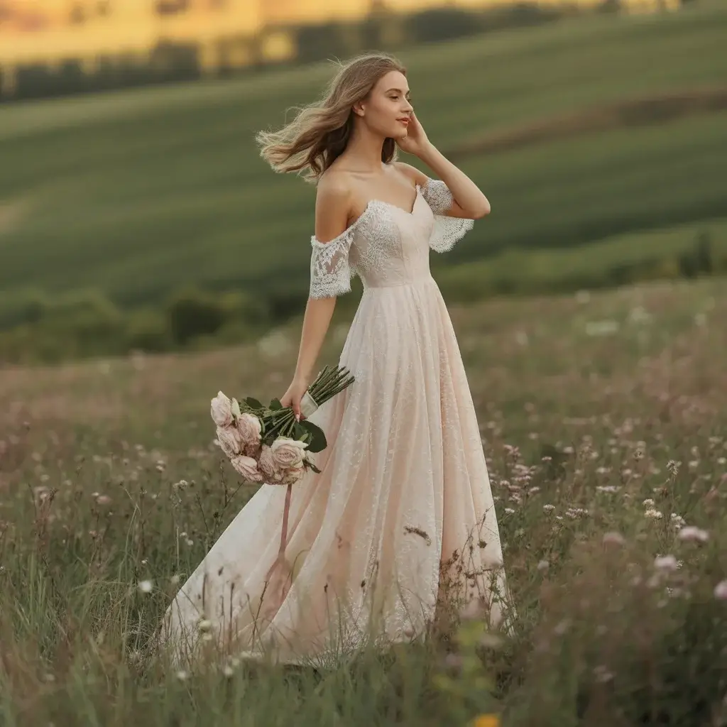 Off-the-Shoulder Champagne Lace A-Line Gown