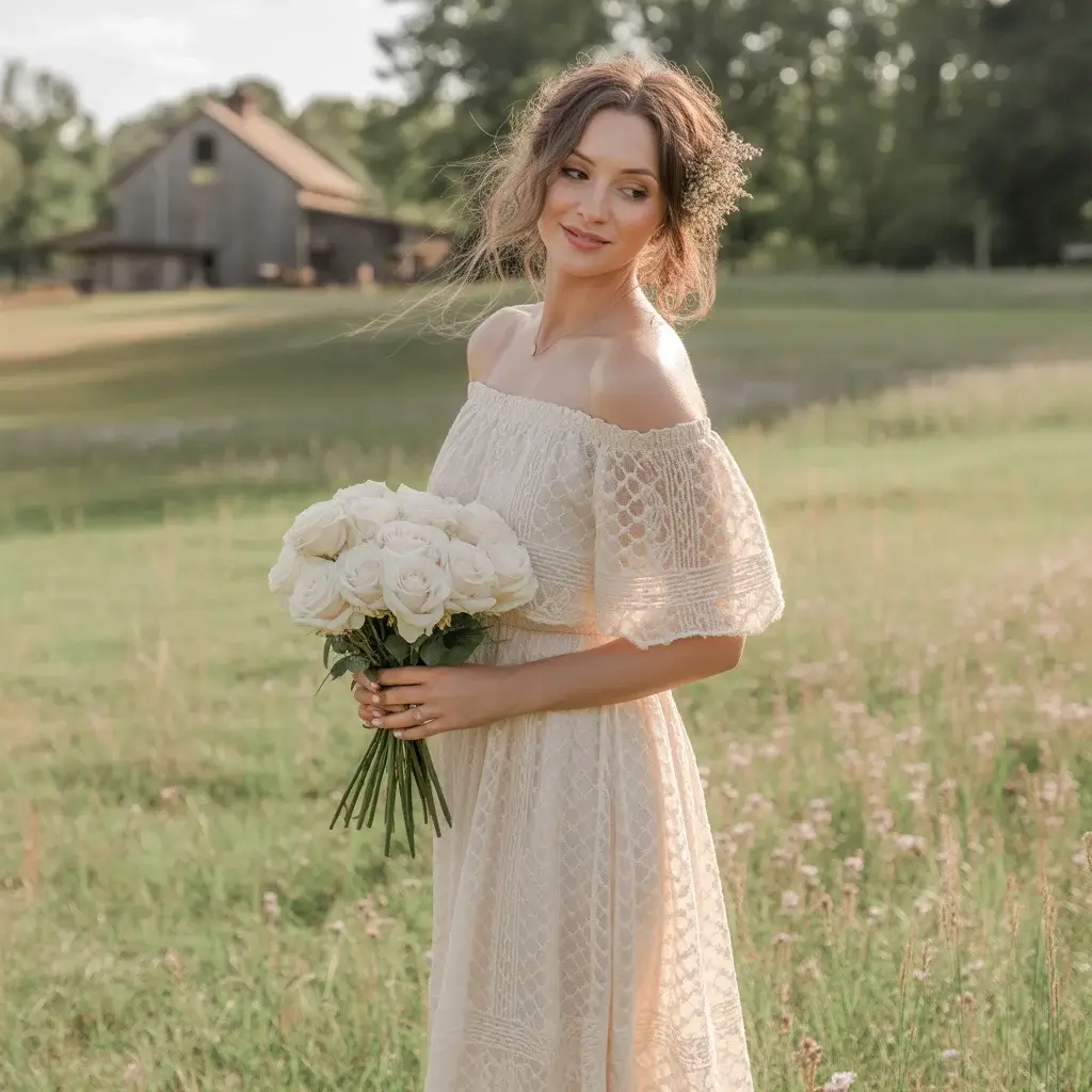 Top 13 White Engagement Party Dresses Brides Are Saving Right Now 1 Off-the-Shoulder Lace Midi Dress