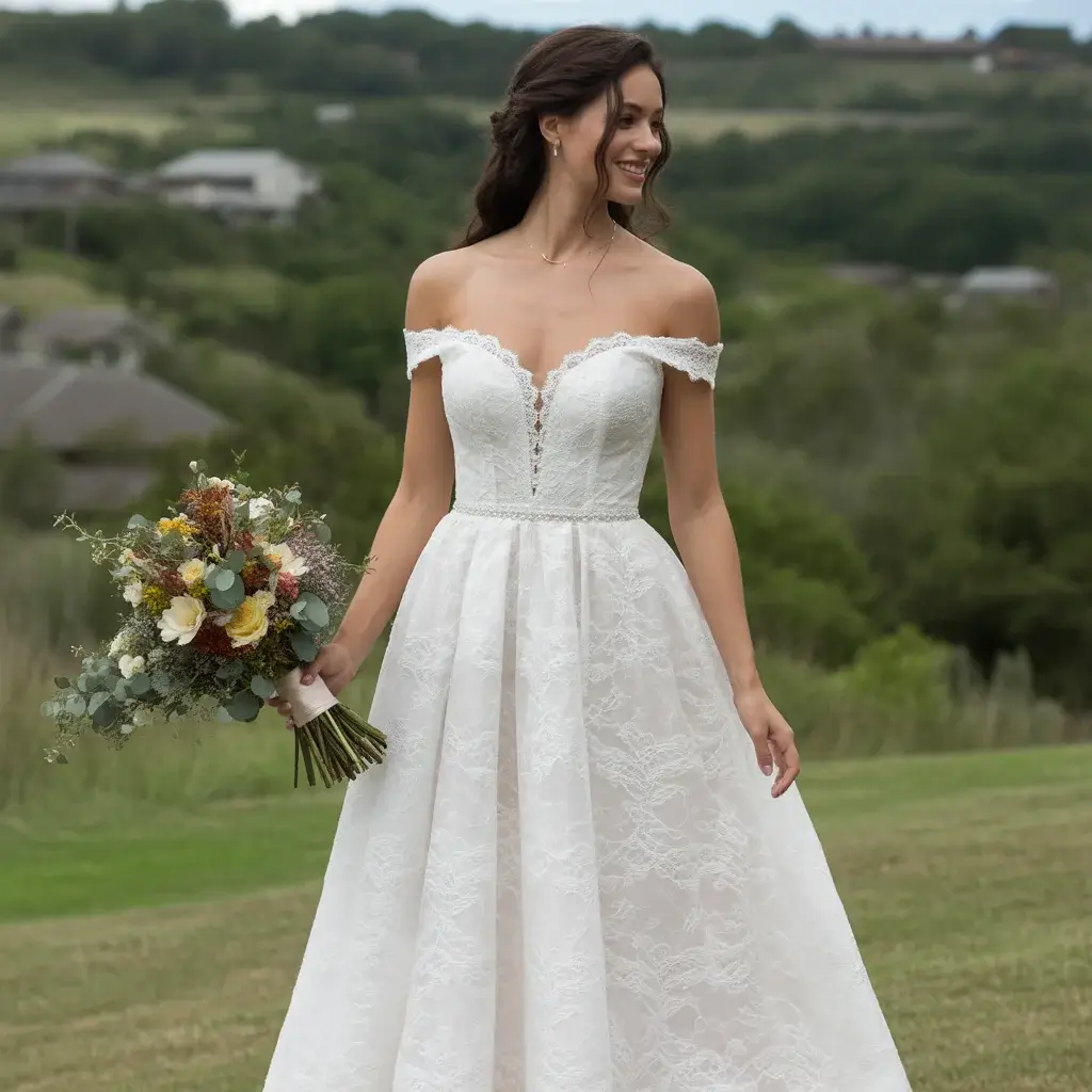 Top 15 Romantic Wedding Dresses That Are Captivating Brides Right Now 1 Off-the-Shoulder Lace Romance