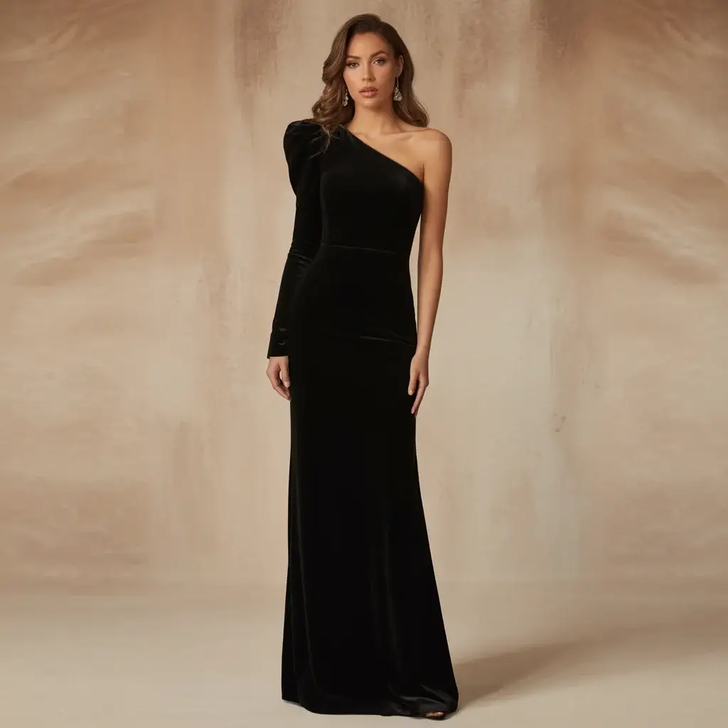 One shoulder black velvet column dress with asymmetrical modern design