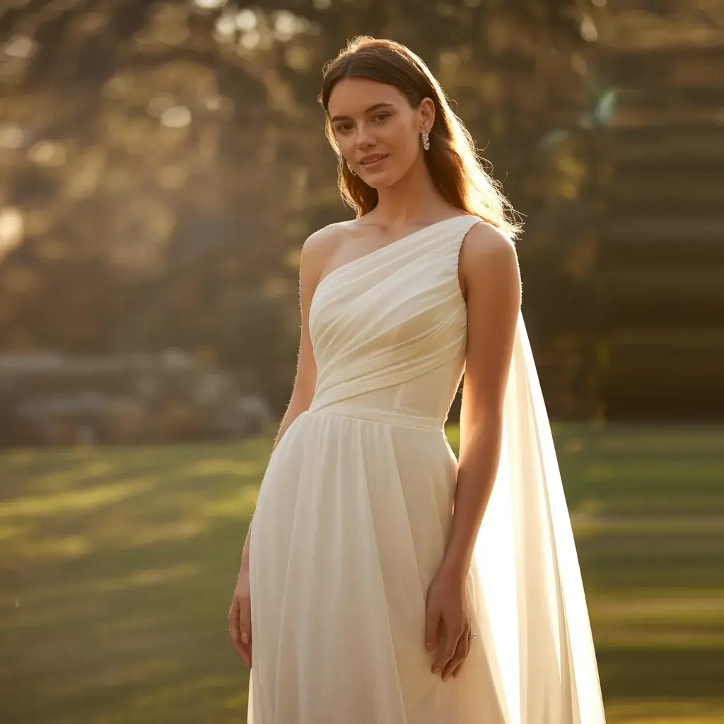 One shoulder draped wedding dress