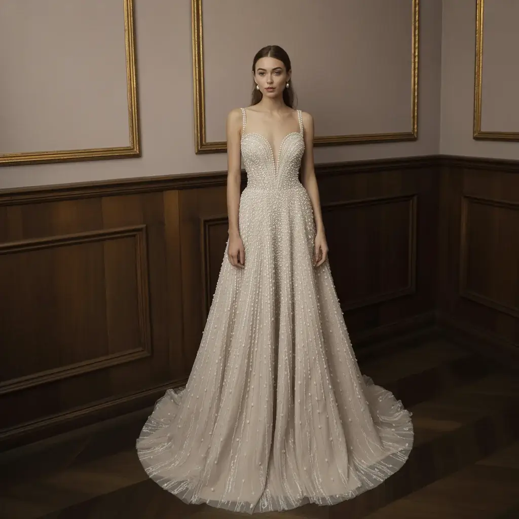 Top 15 Diamond Wedding Dresses That Are Sparkling on Pinterest 6 Pearl And Crystal Column Wedding Dress With Mixed Embellishments And Sophisticated Elegant Silhouette