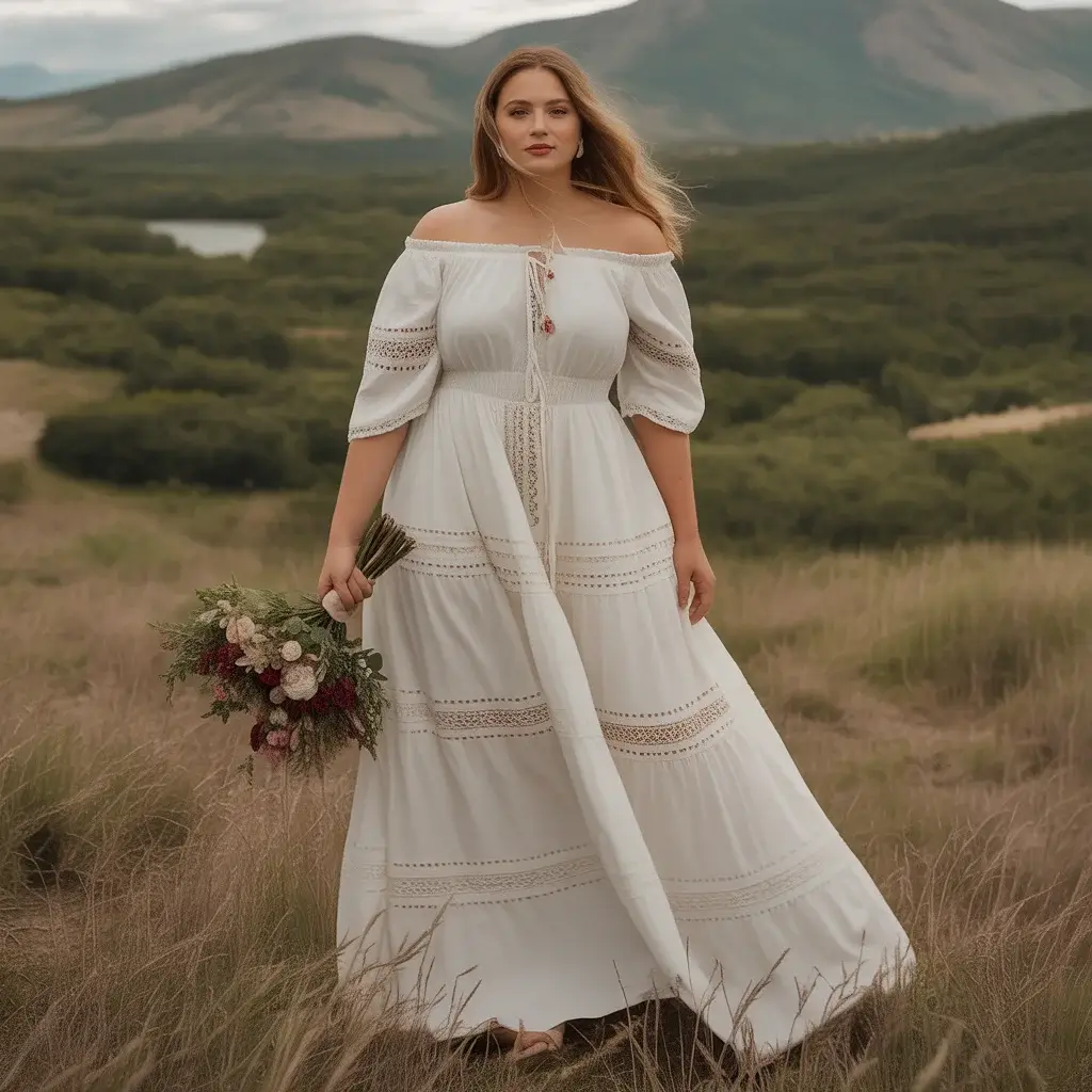 Peasant-style off-shoulder plus size bohemian wedding dress with authentic relaxed charm
