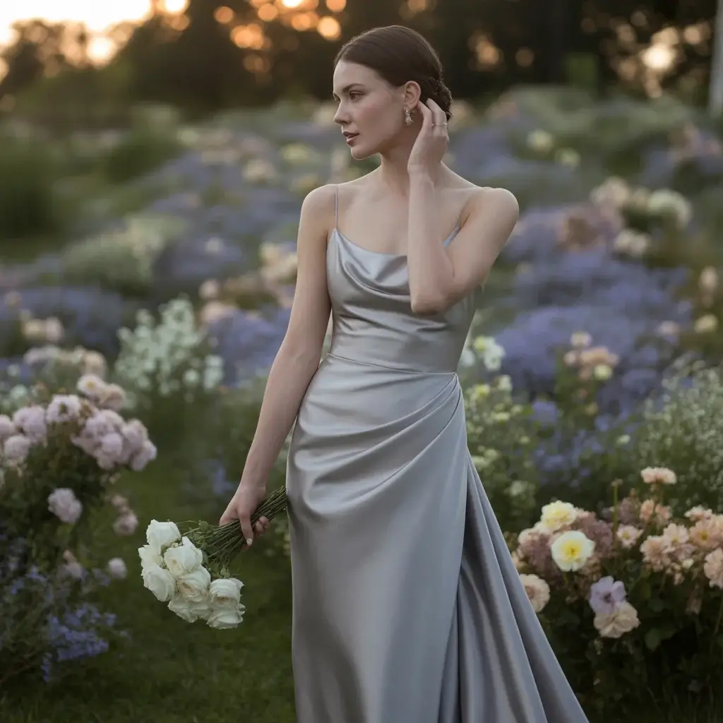 Pewter Satin Column Gown with Side Draping