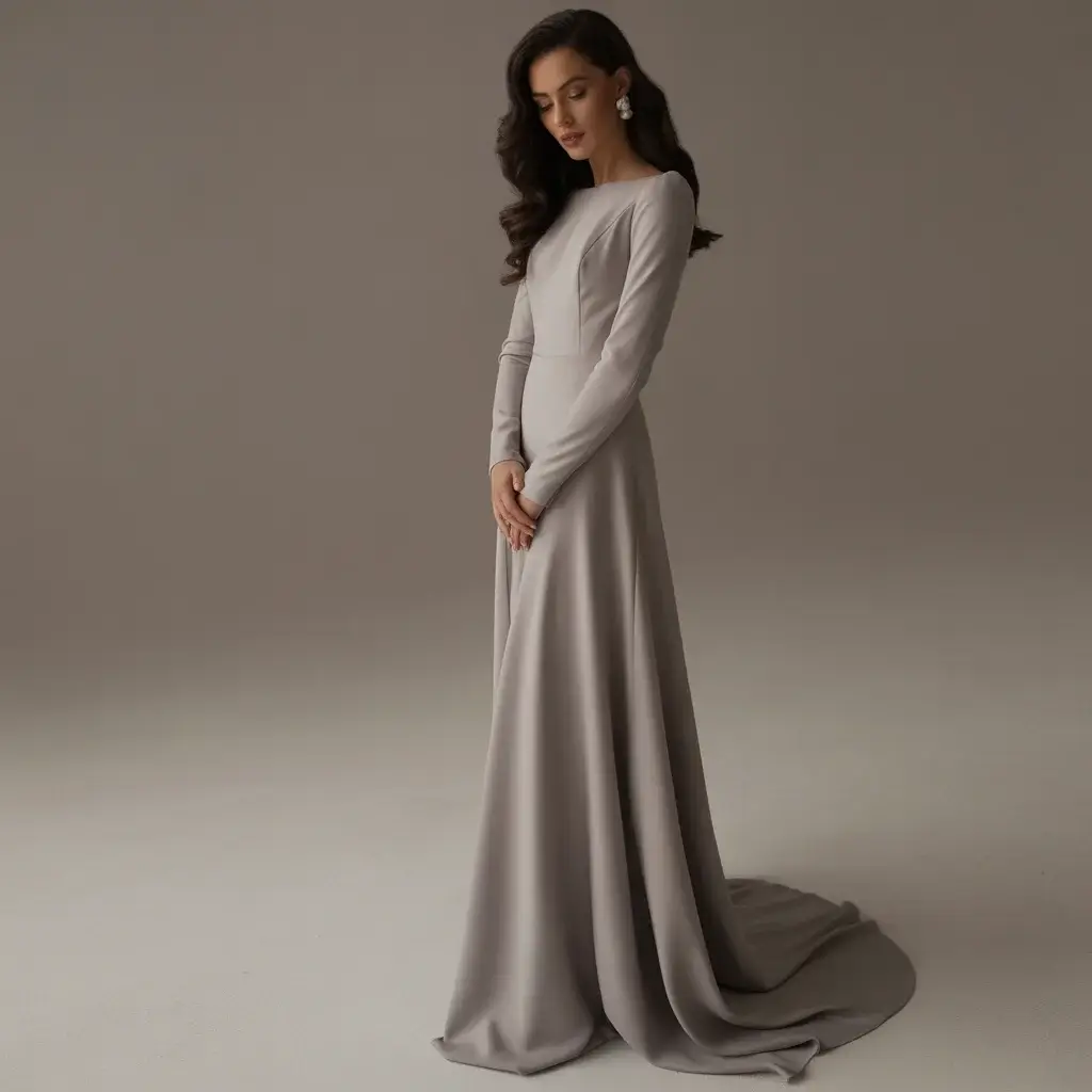 Top 15 Grey Bridal Dresses That Are Breaking Traditional Wedding Rules 13 Pewter grey long-sleeve crepe dress with sophisticated coverage